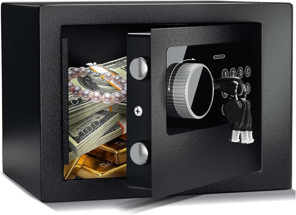 Digital Electronic Money Safe, Steel Security Lock Box with Keypad, Office Hotel Business Jewelry Gun Cash Safe, 0.23 Cubic Feet, 9.06" W x 6.69" D x 6.69" H（black）