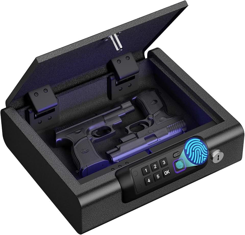 BILLCONCH Gun Safe,Biometric Fingerprint Gun Safe for Handgun Pistol Safes | Fingerprint PIN Key Unlock, Interior Light and USB Charging Lock box with Silent Mode for Bedroom Nightstand