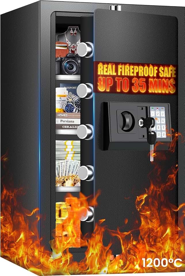 [7.8 Cuft] [𝟑𝟓𝐌𝐢𝐧 𝟏𝟕𝟎𝟎°𝐅] Fire Proof Safe for Home Documents | Fire Proof Safe with Digital Keypad Keys, Smart Alert, Mute Mode, Security Safes for Home Office Documents