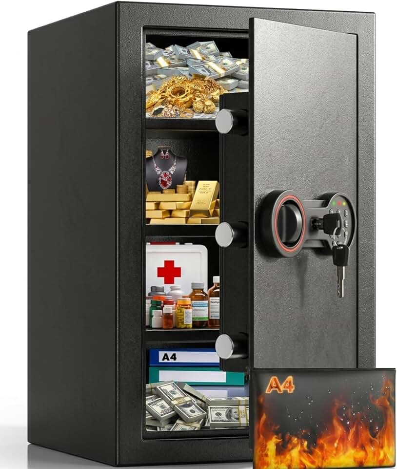 [5.0 Cub] Large Safe Box with Fireproof Bag for Home Use, 23.6" Tall Safe | LED Light, Digital Keypad, Spare Keys and 3 Removable Shelves, Wall/Floor Mountable Security Safes for Documents