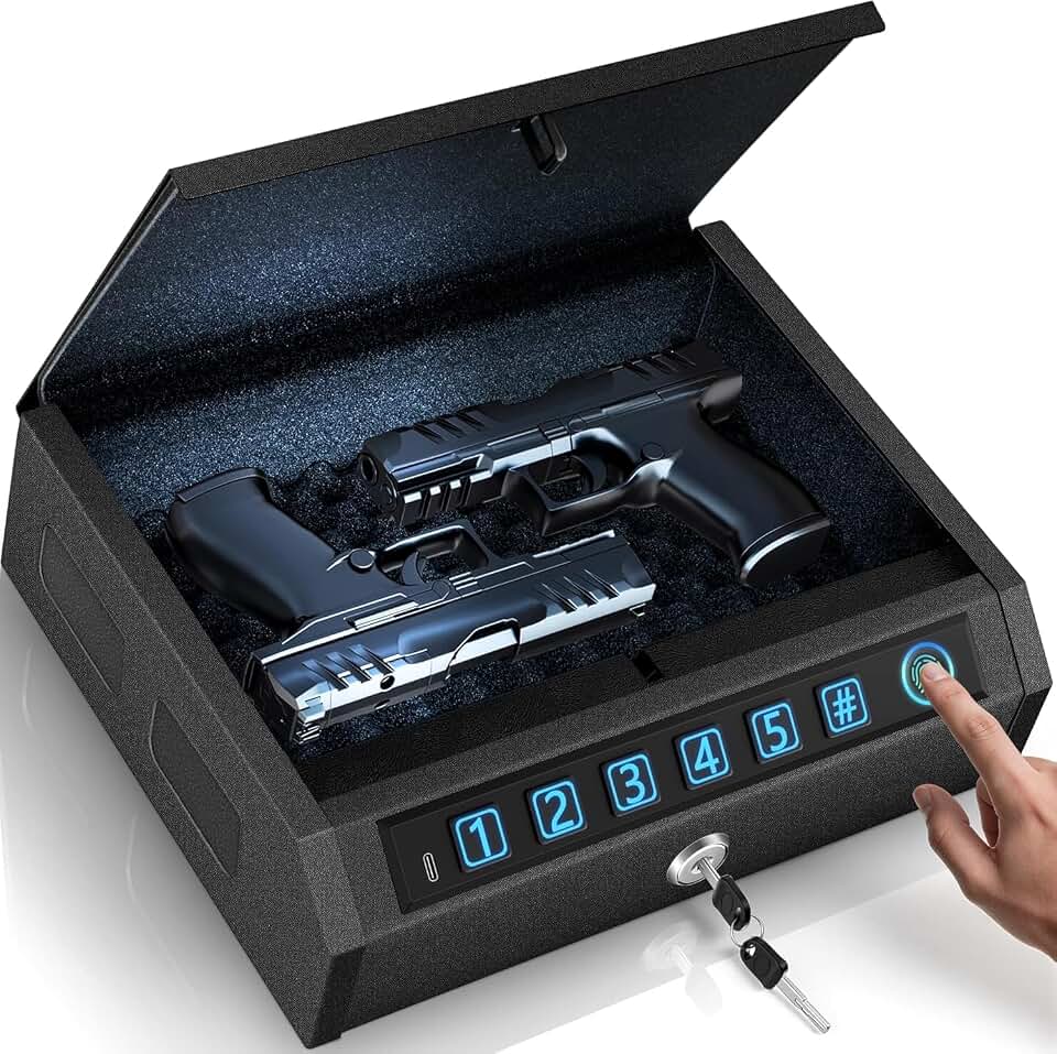 Biometric Gun Safe for Handguns, Pistol Safe Fits 2-3 Handguns | Fingerprint Car Gun Safe, Quick Access, LED Light, Stealth Mode, Carbon Steel, Security Cable, Portable Lock Box, Nightstand Global Recycled Standard
