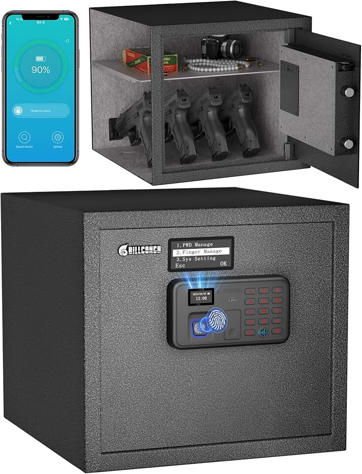 Billconch Smart Gun Safe for Multiple Pistols - Automatic Lock Safe Box | Biometric Handgun Safe for Money Valuables with LCD Display/Voice Guide, Quick Access Unlock with Fingerprint/Keypad/Key/App