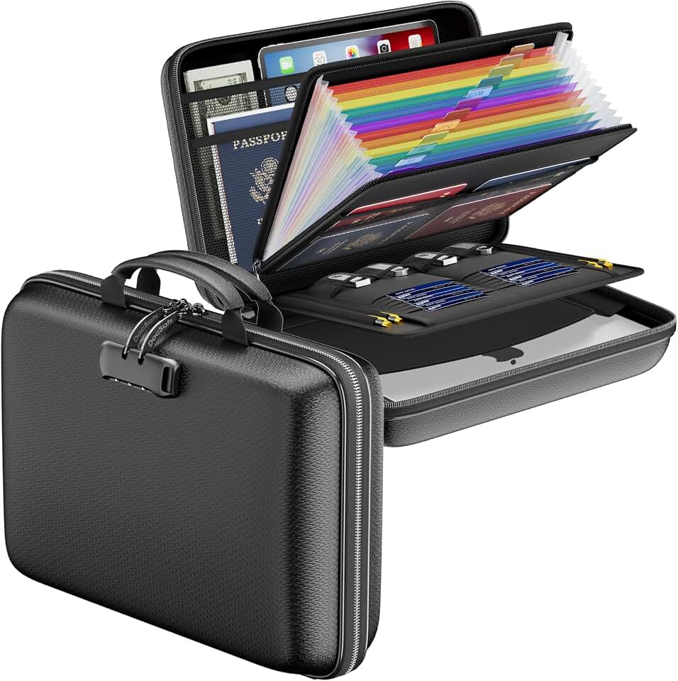 DocSafe Fireproof File Organizer with Lock, Hard-Shell Case Fireproof Document Box with 13 Pocket Accordion File Folder, Portable Home Office Travel Safe Storage for Important Documents Laptop Black Global Recycled Standard