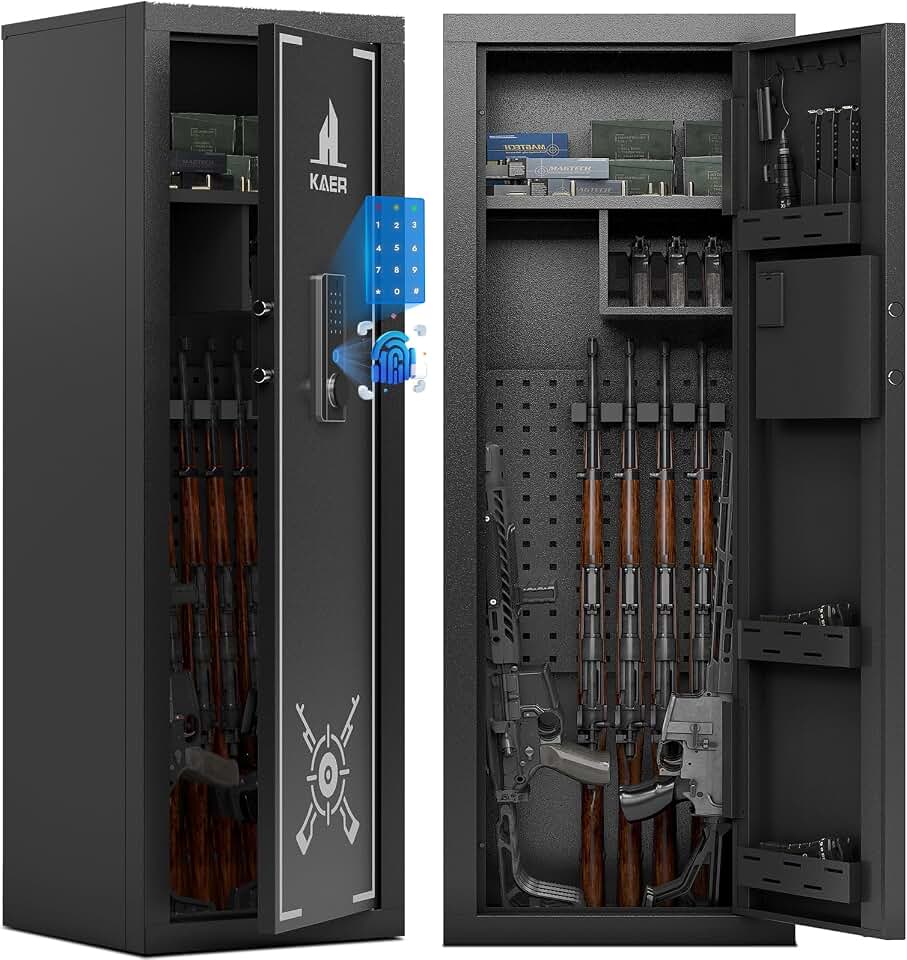 KAER Biometric Gun Safe Rifle,Gun Safes for Rifles and Pistols Holds 14-15 Firearms with Adjustable Racks &amp; Pistol Storage,Fingerprint Keypad Lock Gun Cabinet for Home &amp; Hunting for Enthusiasts Global Recycled Standard