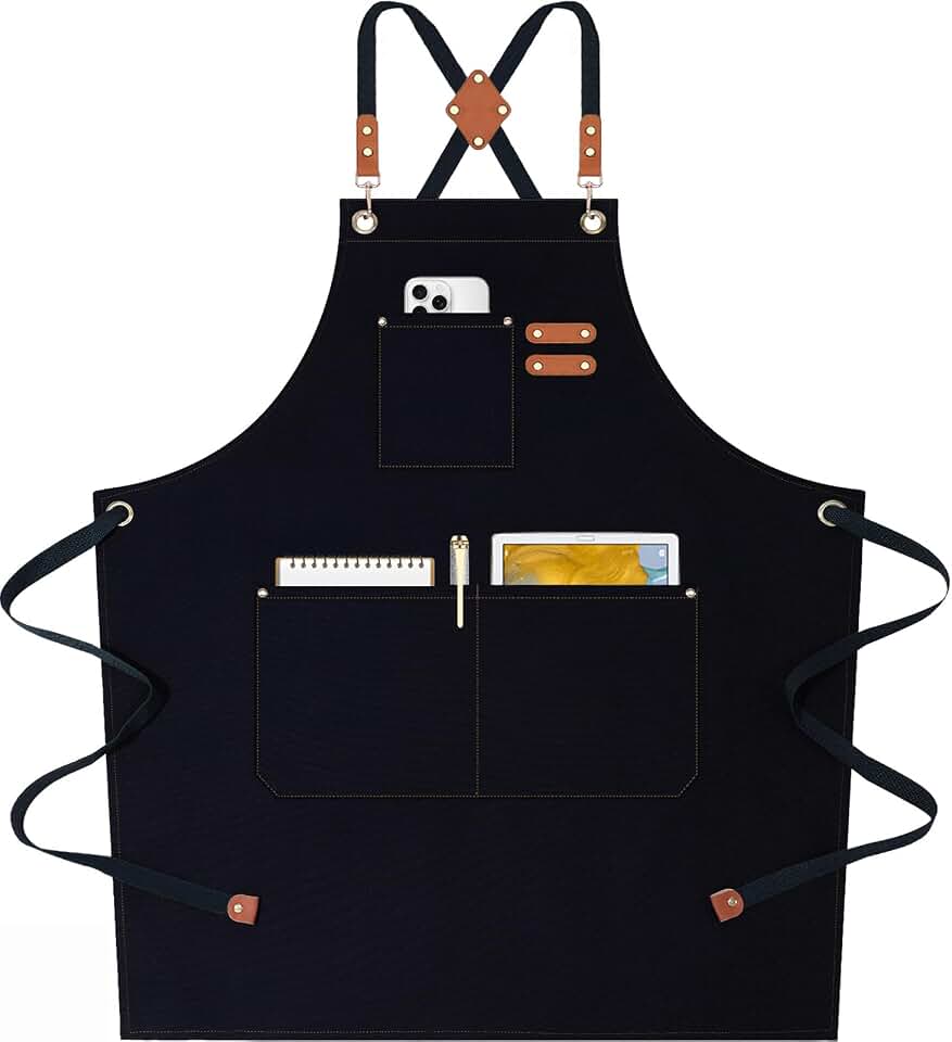 AFUN Chef Aprons for Women Men with Oversized Pockets, 12-Ounce Cotton Canvas Cross Back Water Repellent Apron (Black)