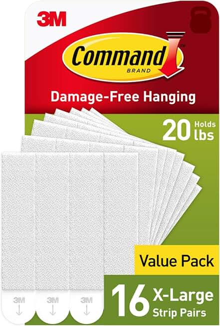 Command 20 lb X-Large Picture Hanging Strips, 16 Pairs White Command Strips Heavy Duty Picture Hanger