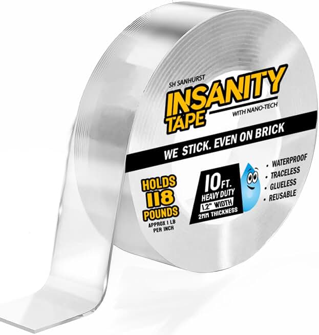 Insanity Double Sided Tape Heavy Duty, Removable Nano Mounting Tape Safe For Most Walls &amp; Floors, Traceless Adhesive Strips, Weatherproof - Strong Hold For Hanging Pictures, Posters &amp; Doorbell Cameras