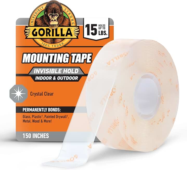 GORILLA Invisible Hold Mounting Tape, Clear, 1" x 150", 1-Pack | Holds up to 15 lbs, Clear Double-Sided Tape for Strong, Permanent Bond, Discreet Adhesive for Classroom and Study Space Setup