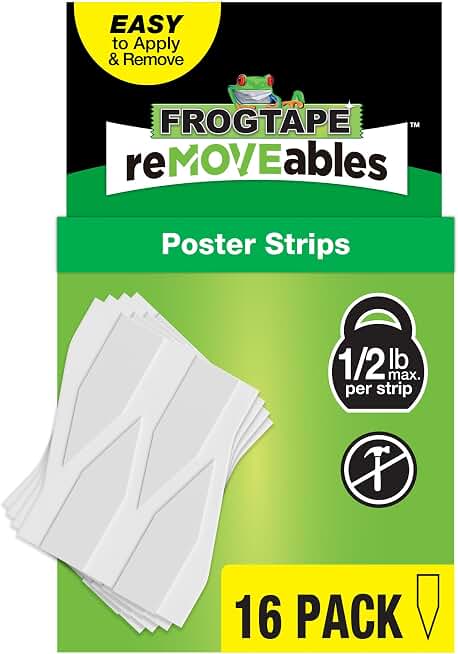 FrogTape reMOVEables Poster Strips - 16 White Strips - No Damage Hanging Strips, Removable Poster Hangers, Stick On Adhesive Wall Tape Alternative for Pictures, Home, School, Office