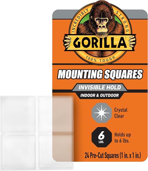 GORILLA Invisible Hold Double Sided Tape, 24 Pre-Cut 1" Mounting Squares | Instant Hold, Weatherproof Adhesive, Grips Wood, Stone, Stucco, and Brick