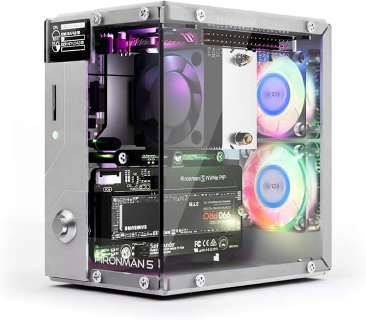 Pironman 5 NVMe M.2 SSD PCIe 2.0/3.0 Mini PC Case for Raspberry Pi 5 Hailo-8L, AI Agent OpenClaw, Tower Cooler+Dual RGB Fans, 0.96'' OLED Module, Safe Shutdown, Standard HDMI, RGB Effect