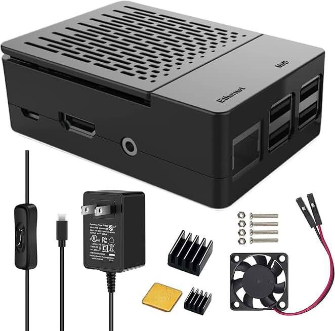 iUniker Raspberry Pi 3 Case with Fan &amp; MicroUSB 5V 3A Power Supply | WIth Heatsinks, ON/OFF Switch Power Supply, Durable DIY Enclosure for Retro Gaming, Home Assistant, Overclocking