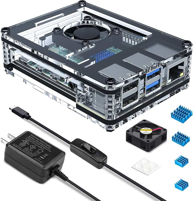 Miuzei Case for Raspberry Pi 4 with Fan 5V 3A Power Supply 4 Pcs Heatsinks | 30mm Quiet Cooling Fan, Active Cooler, Dust-proof, USB-C Charger with Switch, Acrylic Clear Shell for RPi 4 Model B 4GB 8GB