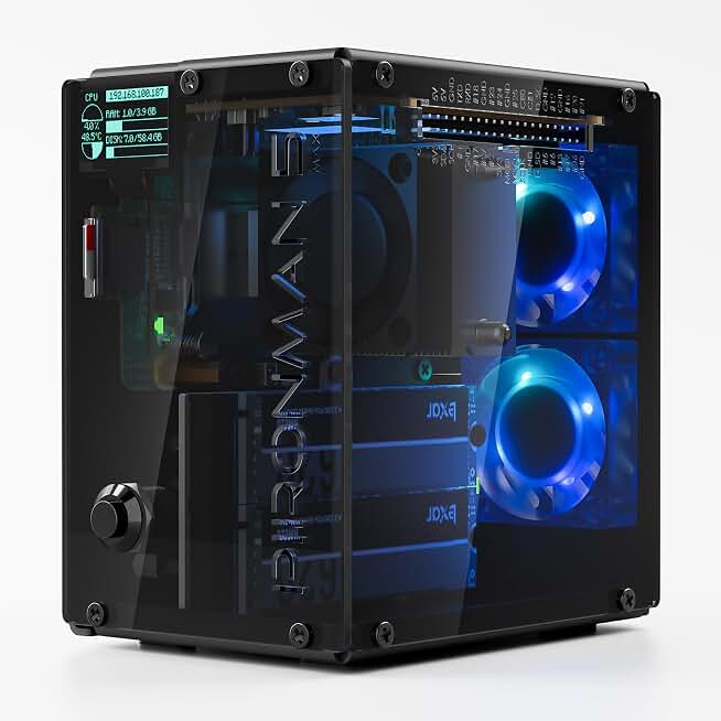 Pironman 5-MAX Raspberry Pi 5 Case Dual NVMe M.2 SSD PCIe, Mini PC NAS RAID 0/1 Hailo-8L AI Accelerator PWM Tower Cooler+Dual RGB Fans, OLED Module, Safe Shutdown, Standard HDMI (RPI5 Not Included)