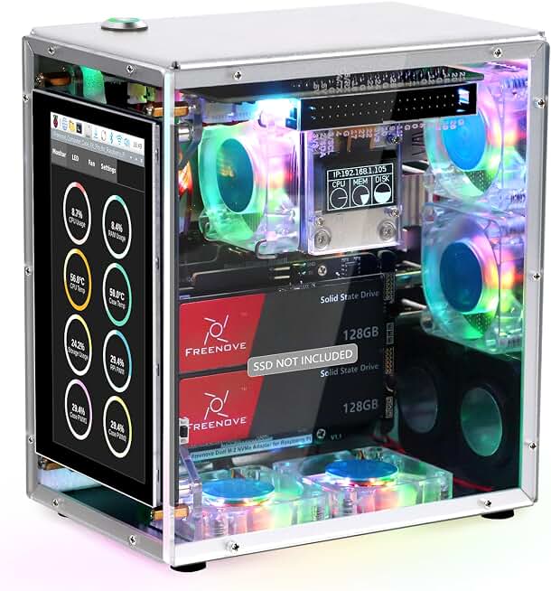 FREENOVE Raspberry Pi 5 Case Kit Pro, Dual M.2 NVMe SSD Slots, 5 PWM ARGB Fans Light Sync, CPU Tower Cooler, 4.3" Touchscreen, Stereo Speakers, 3.5 mm Audio (SSD NOT Included)