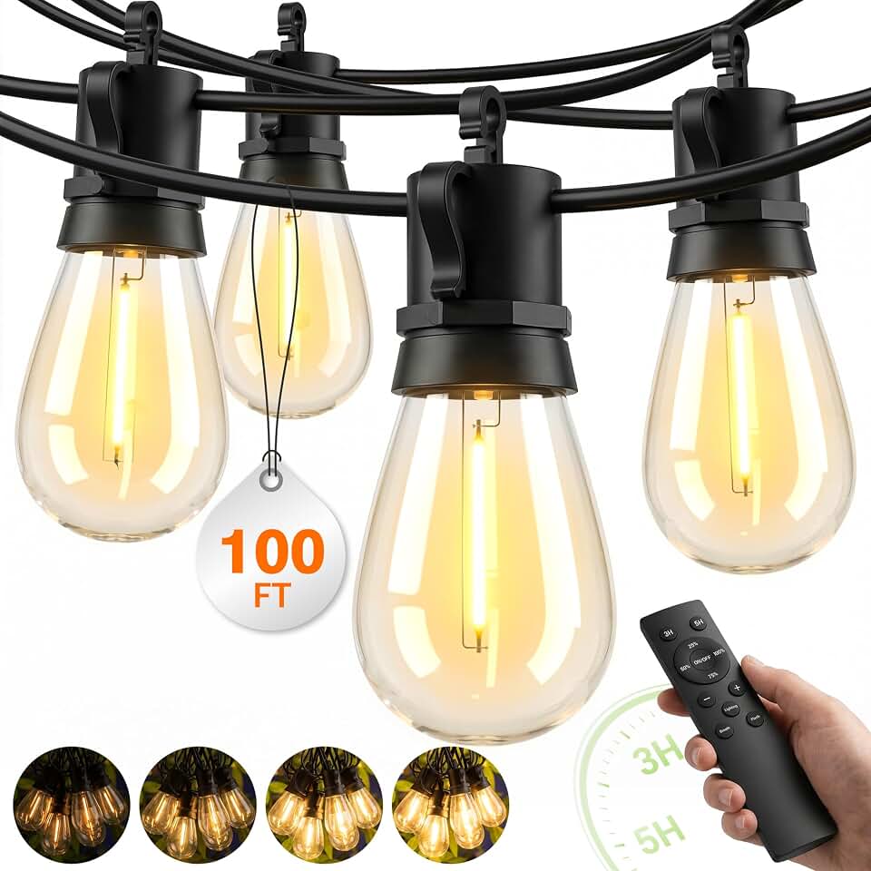 Outdoor String Lights Patio Light - 100Ft Outside Waterproof Dimmable Bulbs | S14 LED Remote Porch Light, Shatterproof Edison Bulbs Hanging Connectable Lighting for Gazebo Backyard Bistro Pergola, Timer