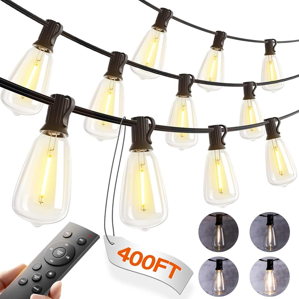 addlon 400FT(50*8) Outdoor String Lights with Remote LED Edison Waterproof | Plastic ST38 Shatterproof Bulbs, Extra Long Lighting, Hanging for Patio Outside Backyard Pergola Bistro Porch Garden Party