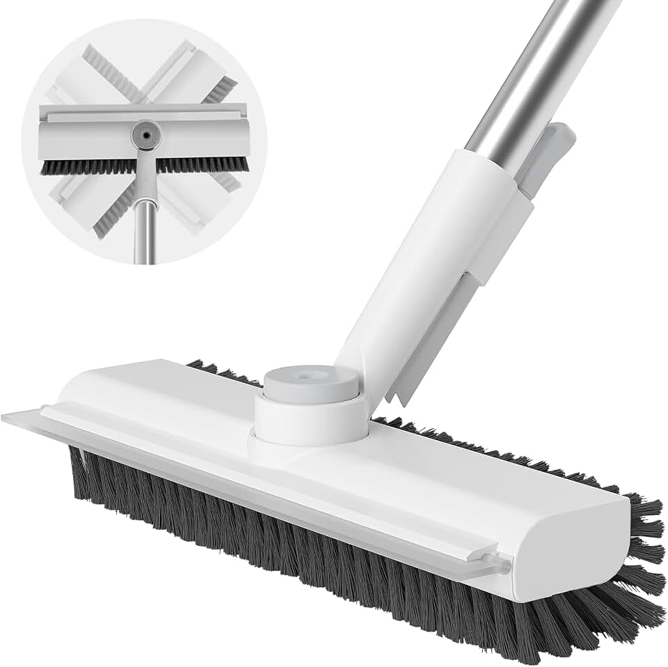 AIR U+ Floor Scrub Brush with Long Handle, 3 in 1 Floor Scrubber | Scrape and Heavy-Duty Stiff Bristle Brush Broom for Cleaning Shower Bathroom, Patio, Pool, Garage, Kitchen, Wall and Deck