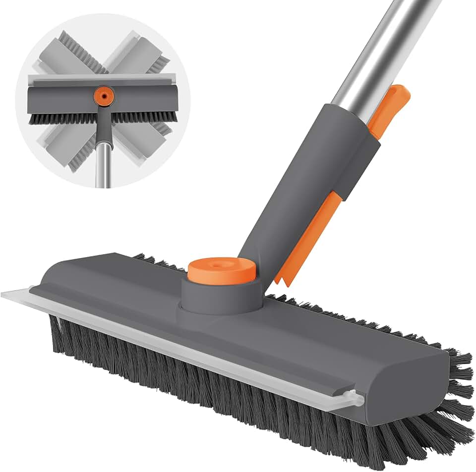AIR U+ Floor Scrub Brush with Long Handle, 3-in-1 Rotating Head &amp; Squeegee | Stiff Dual-Sided Bristles for Shower, Bathroom, Kitchen and Patio, 30–50 In Handle for Easier Stand-up Cleaning, Gray