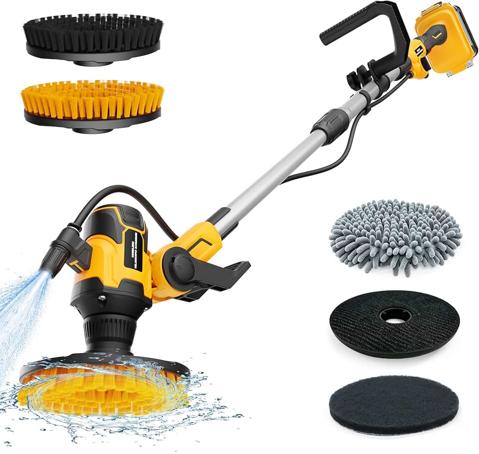 Cordless Electric Power Scrubber Compatible with DeWalt 20V Max Battery | (Tool Only)Water Fed Telescopic Cleaning Brush with Brushless Motor, IPX7 Waterproof 8-Angle Head, 45-59" Pole for Patio/Deck