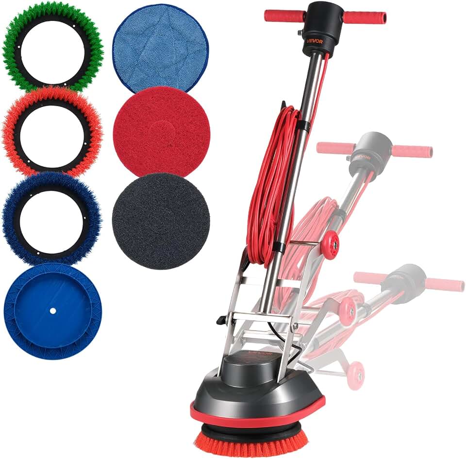 VEVOR Commercial Floor Scrubber Machine, Heavy Duty Floor Cleaner Polisher with 2 Wheels, Professional Electric Carpet Buffer, Max 1900 RPM, 43 FT Cord, 3 Pads &amp; 3 Brushes - All Floor Surfaces