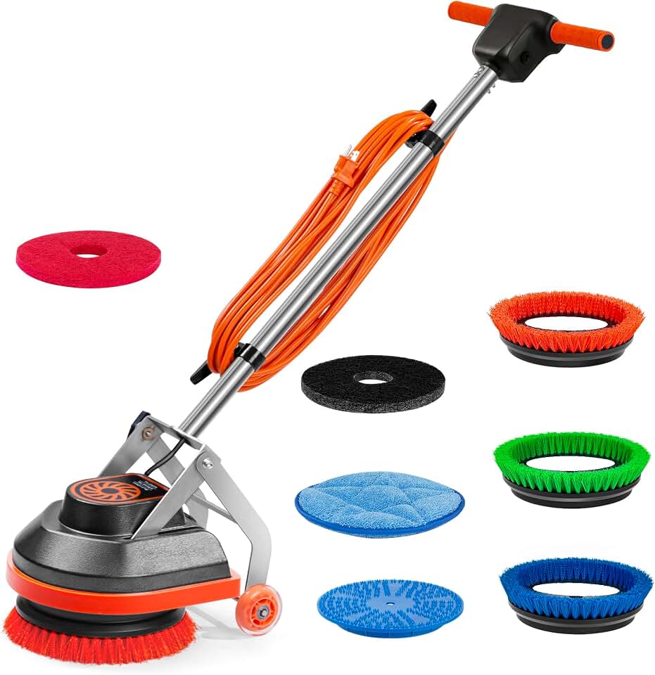HHQ Commercial Floor Scrubber Machine, 13" Heavy Duty Orbital Floor Cleaner Buffer and Polisher- Deep Cleaning Hard Floors and Carpets with Ease, 3 Brushes &amp; 3 Cleaning Pads, Orb-6