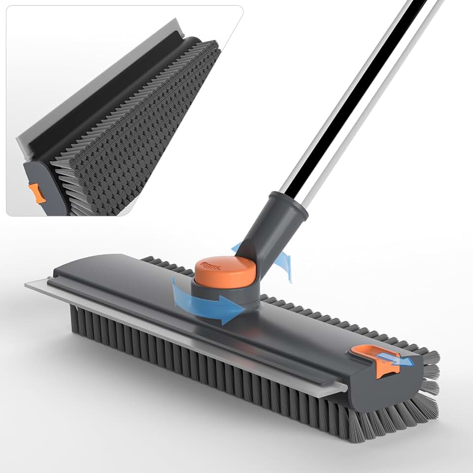 Floor Scrub Brush with Long Handle, 3 in 1 Scrape and Heavy-Duty Stiff Bristle Floor Scrubber Brush Broom with Squeegee and Tweezer for Cleaning Grey