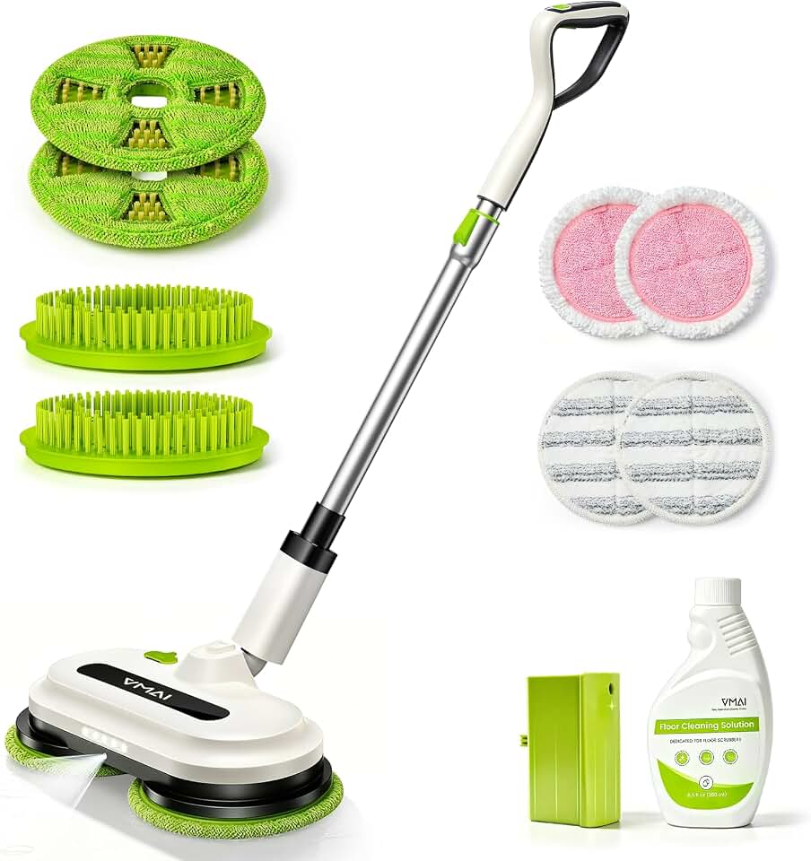 VMAI Cordless Electric Floor Scrubber &amp; Mop with Cleaning Solution | Detachable Battery, Floor Scrubber Machine with Spray &amp; LED Headlights for Tile Hardwood, Self-propelled Electric Spin Mop