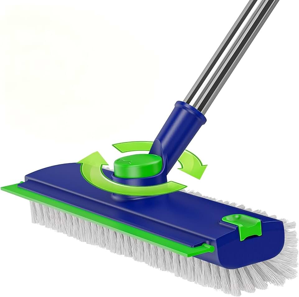 Floor Scrub Brush with Long Handle &amp; Squeegee for Bathroom | Thick, Dense, Stiff Double-Sided Bristles 4-Angle rotating head 50 inch long handle for Tile Deck Kitchen Patio Cleaning
