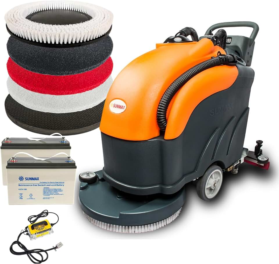 SUNMAX 22" Walk-Behind Commercial Floor Scrubber Machine, 31" Squeegee | Up to 5 hours runtime, warehouses, schools, retail and facilities hard-floor cleaning, tile, concrete, epoxy, and VCT