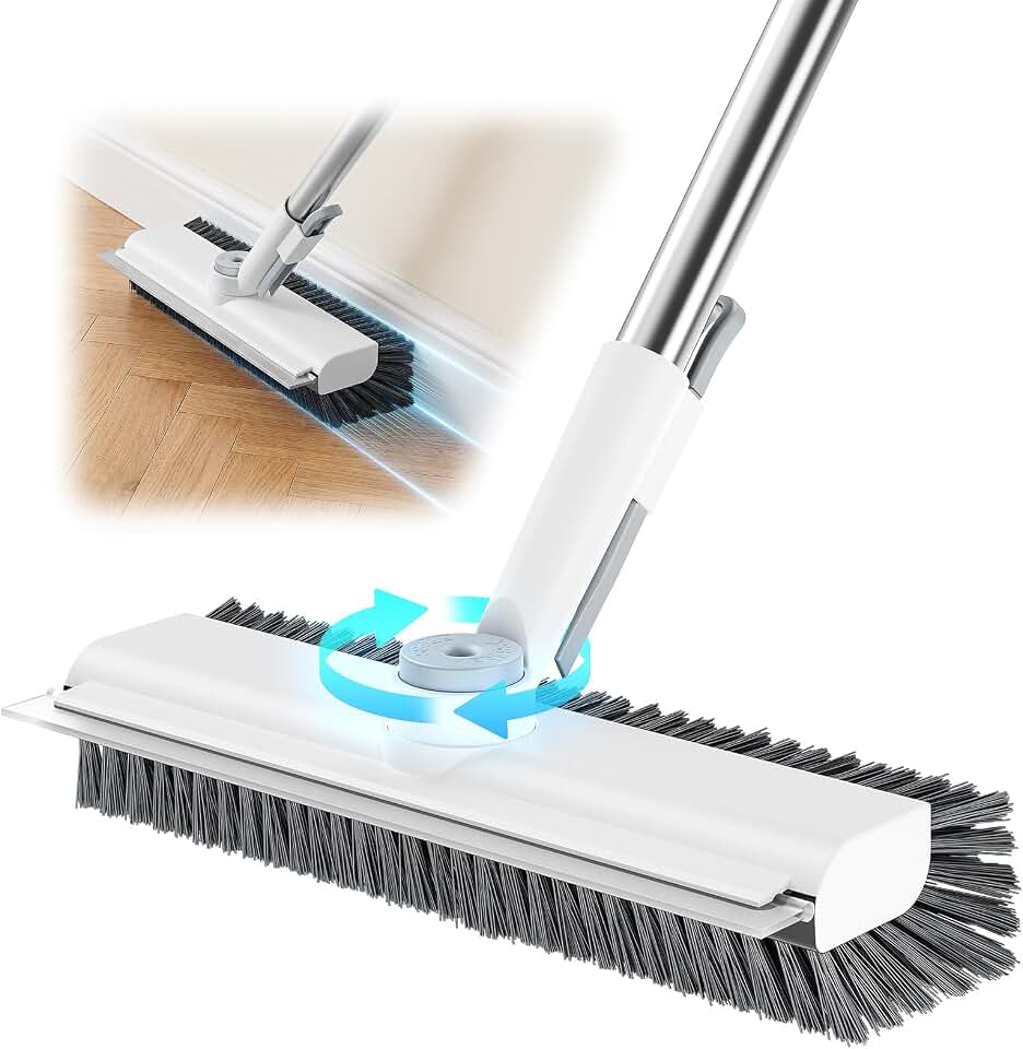 3 in 1 Floor Scrub Brush with Long Handle, Multi-Angle Swivel Head | Stiff Dual-side Bristle, Floor Scrubber with Squeegee &amp; Tweezer for Tile Wall Deck Bathtub Patio Garage Pool Kitchen (White)