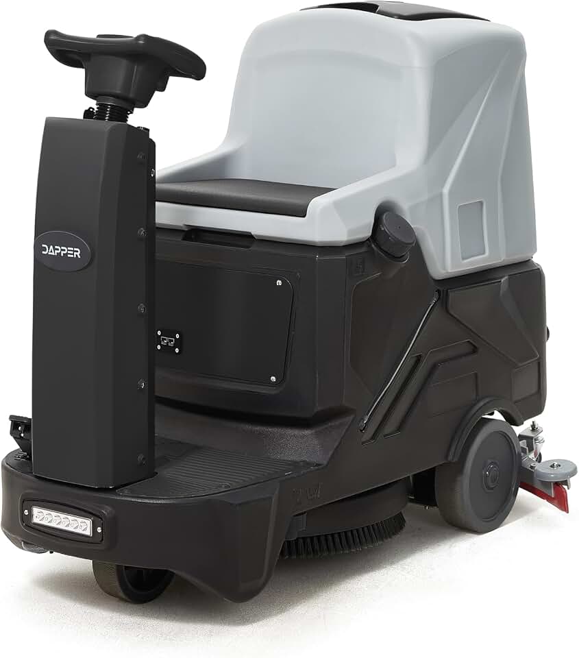 Battery Powered Ride-On Commercial Floor Scrubber Machine, 22" Brush, 31.5" Squeegee Width, 19 gal Solution Tank, 20 gal Recovery Tank, 5 hr Use 7 hr Charge, 200 RPM, 48,400 Sqft/H, Batteries Included