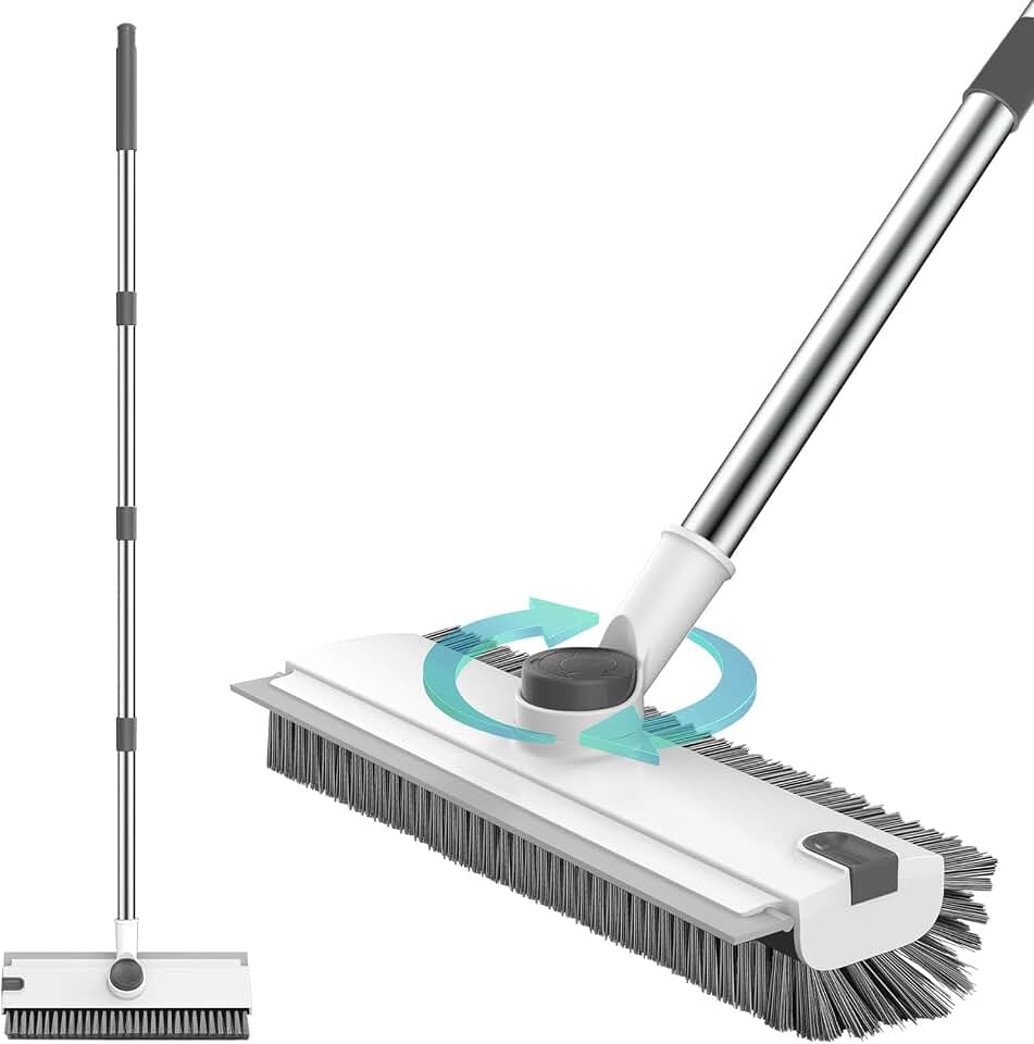 SetSail Floor Scrub Brush with 54in Adjustable Long Handle, Grey&amp;White | 3 in 1 Floor Scrub Brush with Scraper and Stiff Bristle, Heavy Duty Floor Scrubber for Shower Bathroom Kitchen Patio Garage