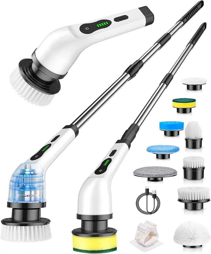 Cordless Electric Spin Scrubber, 9 Brush Heads, 2-Speed Motor | Floor cleaning, bathroom scrubber, tile floor scrubber, extension arm, IPX7 waterproof, tub, sink, grout, wet- dry vacuum Global Recycled Standard