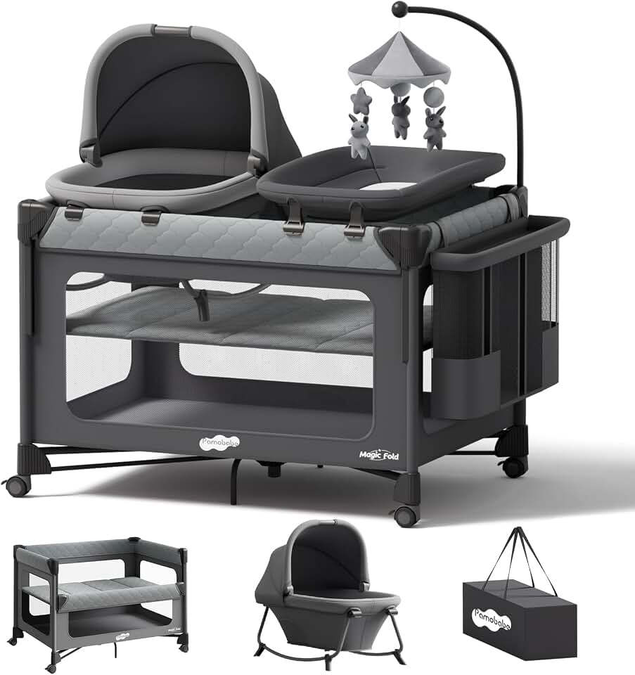Pamo Babe Pack and Play with Bassinet - 7 in 1 One-Step Setup Bedside Crib, Portable Playpen, Travel Crib, Baby Playard with Diaper Changing Station, Toy Bar &amp; Large Storage Bag