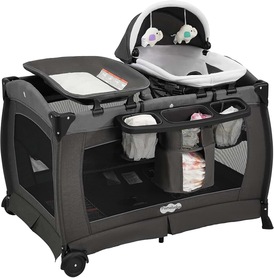 Pamo Babe Pack and Play 4-in-1 Baby Playard with Bassinet &amp; Changing Table, Foldable Portable Playpen with Mattress, Travel Crib for Newborn to Toddler 0-36M-Black