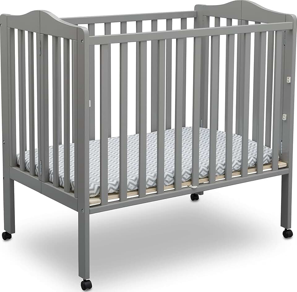 Delta Children Folding Portable Mini Baby Crib with 1.5-inch Mattress - Greenguard Gold Certified, Grey