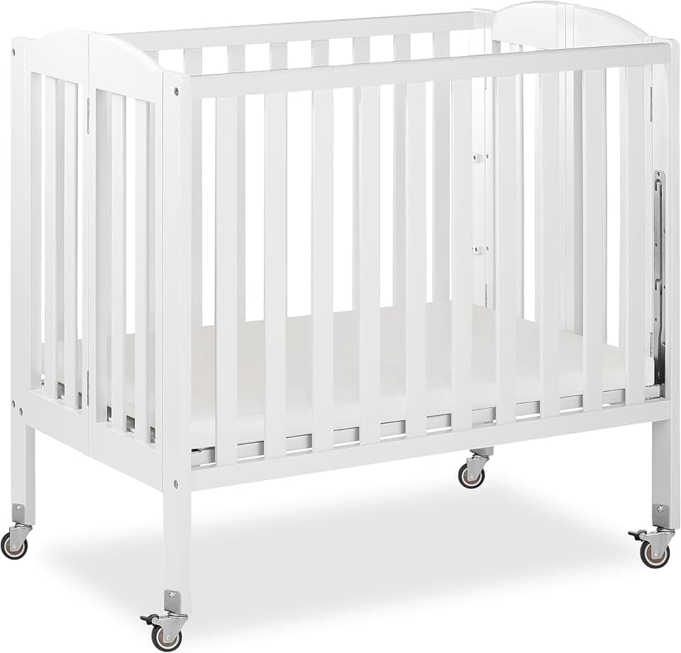 Dream On Me Mini Folding 3-in-1 Portable Baby Crib, Sturdy Locking Wheels | Mattress Included, 3 Adjustable Height, Compact Flat Fold for Small Spaces, GREENGUARD Gold &amp; BSA Verified, White