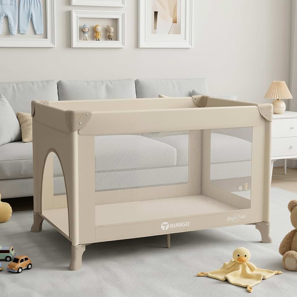 Portable Baby Playard&amp; Playpen with Mattress, Travel Crib, Khaki | Baby Safe Folding Travel Bed w/ Mattress, Carry Bag,Breathable Mesh | Compact Lightweight Baby Bed for Babies &amp; Toddlers