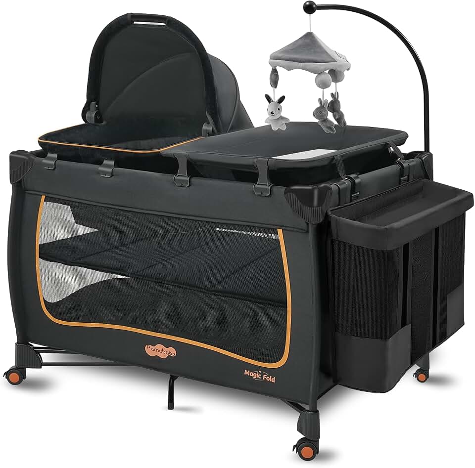 Pamo Babe 6 in 1 Baby Pack and Play with Bassinet - One-Step Setup Travel Crib, Small Portable Playpen for Babies, Portable Baby Bassinet, Changing Table, Toys Bar &amp; Extra Large Storage Bag