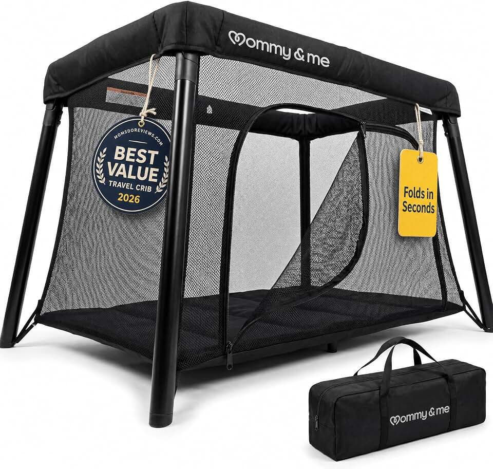 Mommy&amp;Me Travel Crib for Baby and Toddler, Black | Lightweight 14 lb, Portable Playard, Folds in Seconds with Carry Bag, Breathable Mesh Sides, Easy Side-Zip Access