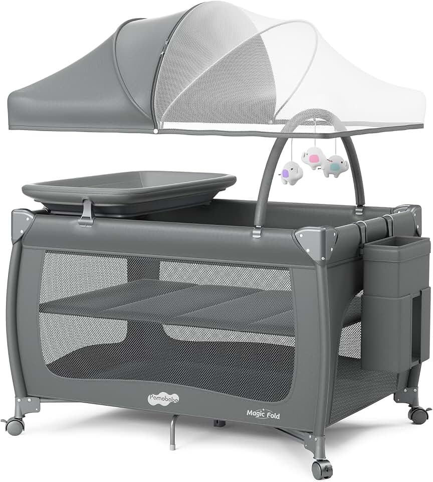 Pamo Babe Pack and Play with Bassinet, One-Step Setup Portable Baby Playpen | Foldable Portable Baby Bed with Mattress, Travel Crib for Baby Comes with Mosquito Net, Changing Table, Zipper Door, Toy Arch