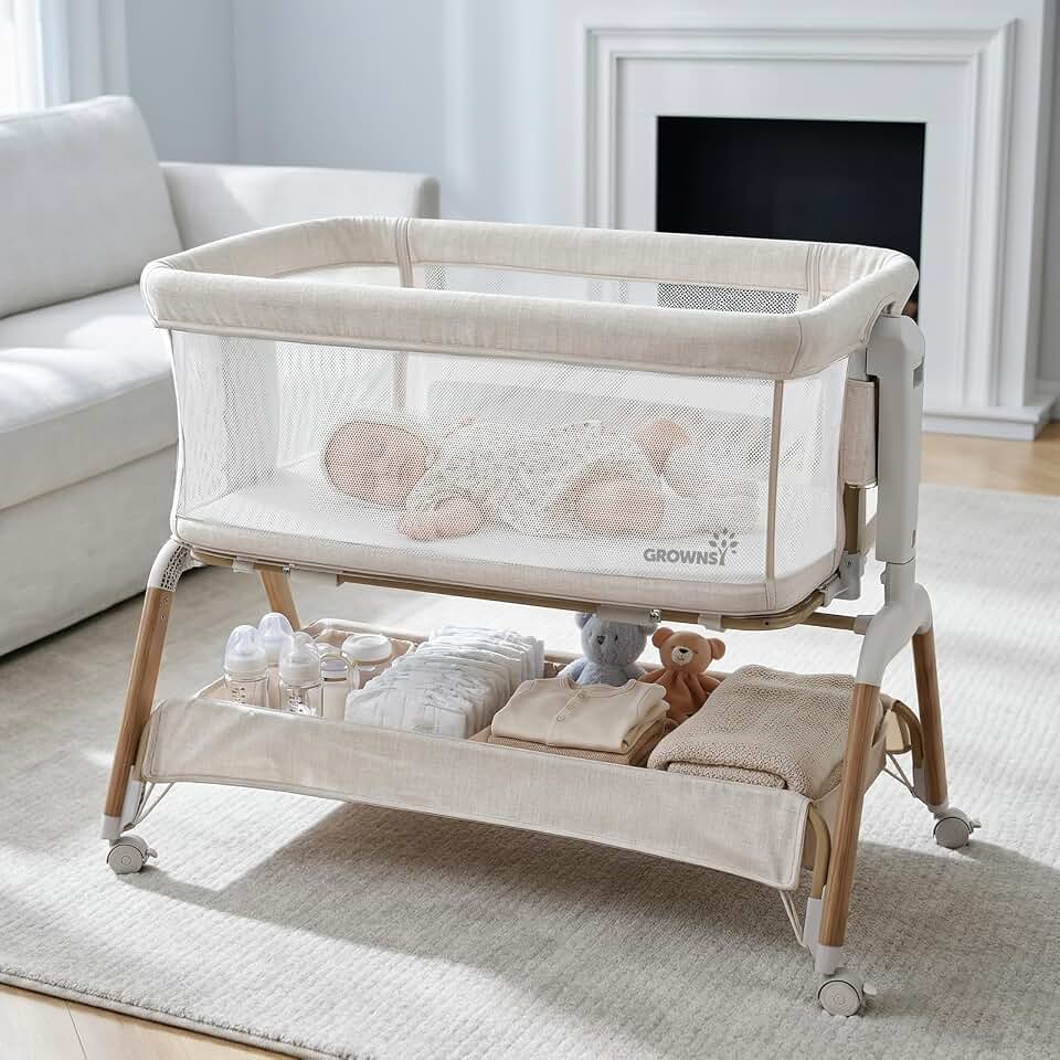 GROWNSY 5-in-1 Baby Bassinet Bedside Sleeper with Gentle Manual Rocking | 6 Adjustable Heights, Full Breathable Mesh, Convertible to Portable Crib, Bassinets with Mattress &amp; Wheels, Beige