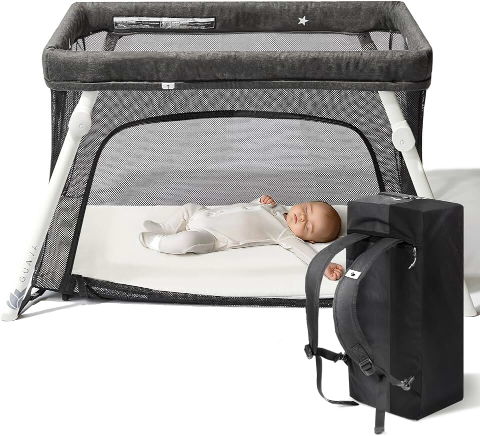 Guava Family Travel Crib Includes Lightweight Backpack Design | Certified Baby Safe Portable Crib | Folding Play Yard, Comfy Mattress for Babies, Toddlers | Compact Baby Travel Bed