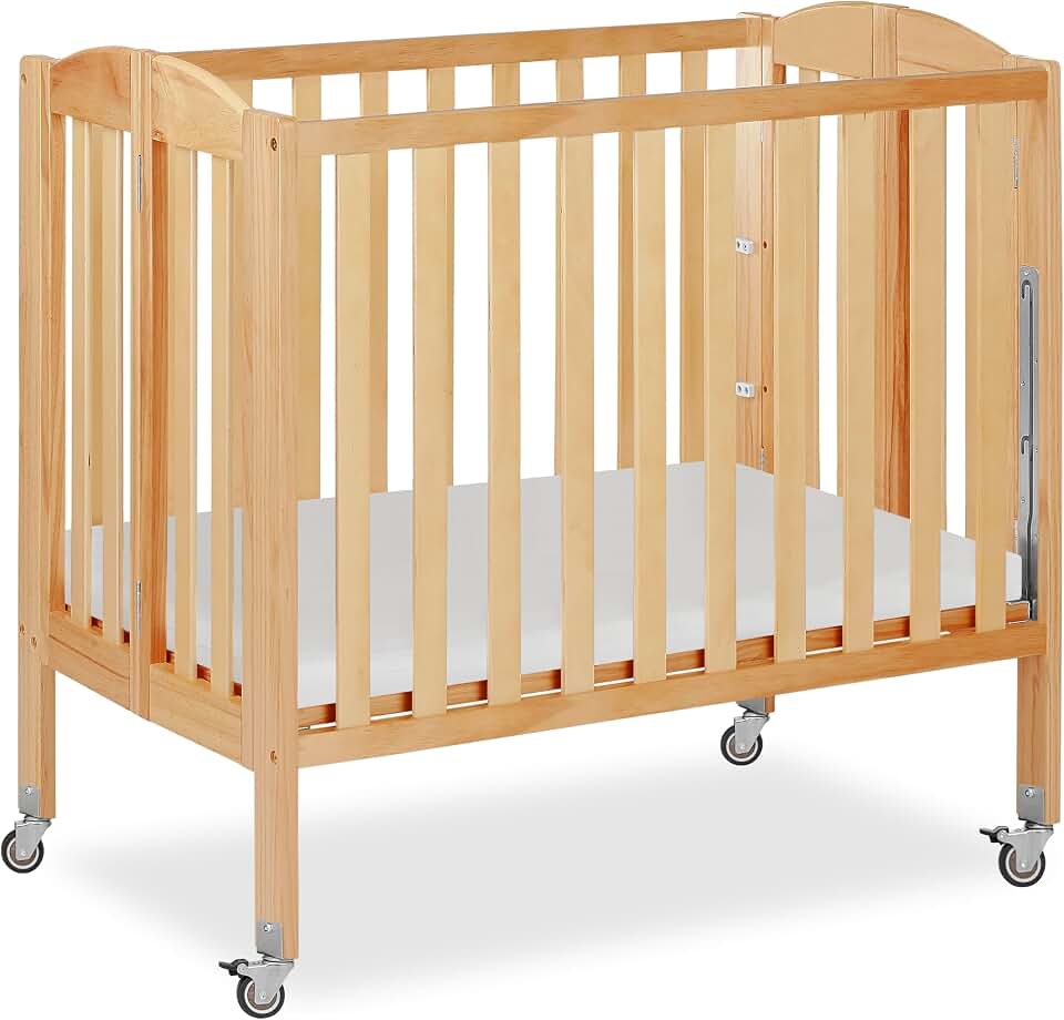 Dream On Me 3 in 1 Portable Folding Stationary Side Crib in Natural, Greenguard Gold Certified, Safety Wheel with Locking Casters, Convertible, 3 Mattress Heights