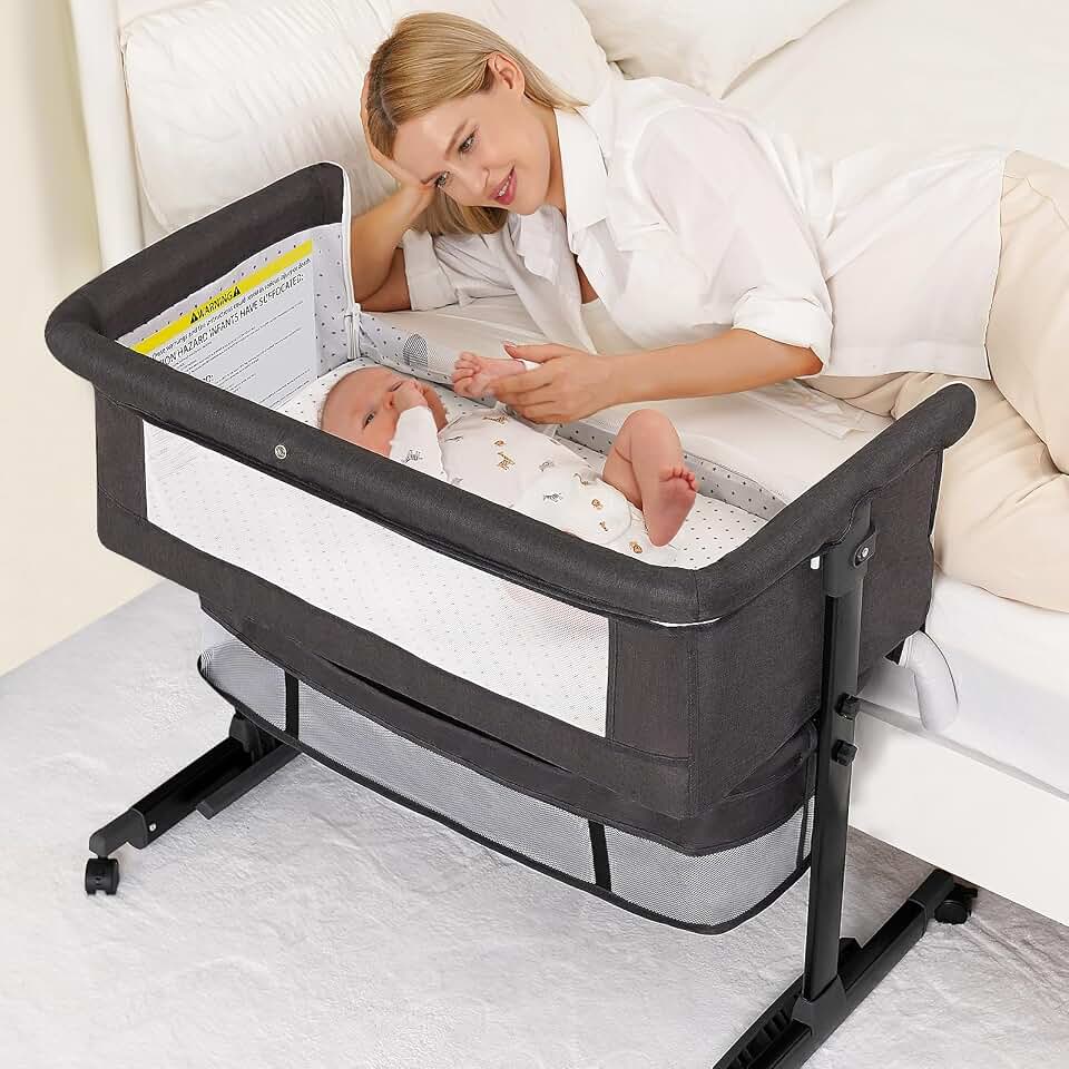 Baby Bassinet, 3 in 1 Bedside Bassinets for Baby, Bassinet Bedside Sleeper with Wheels, Adjustable Height with Rocking Mode, Breathable Mesh, Storage Basket, Easy Assemble &amp; Folding (Dark Gray)