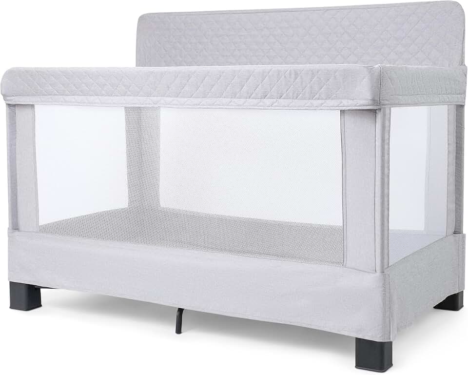 Baby Delight Horizon Full Size Crib, Breathable Mesh Walls, Tool-Free Assembly Baby Bed, Luxe Quilted Easy to Clean Fabric, Grey
