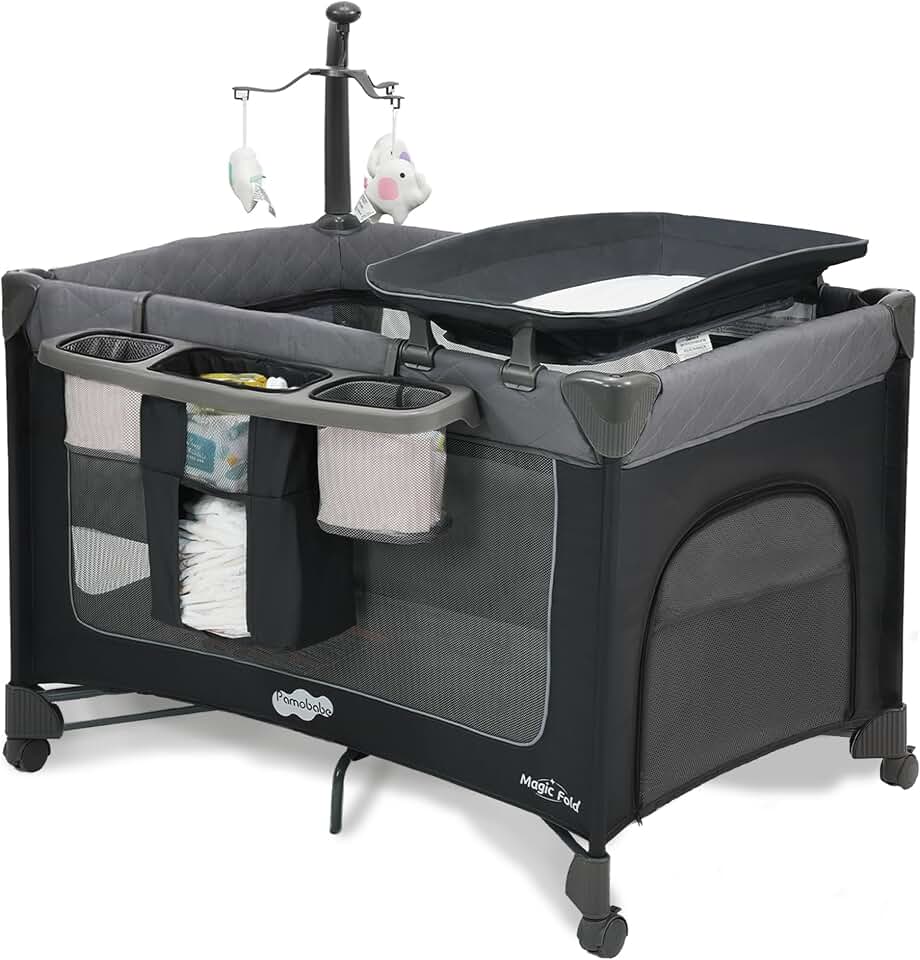 Pamo Babe Pack and Play with Bassinet Magic Fold Playard 1 Step Set Foldable Playpen Baby Playard with Changing Table Portable Playpen Grey