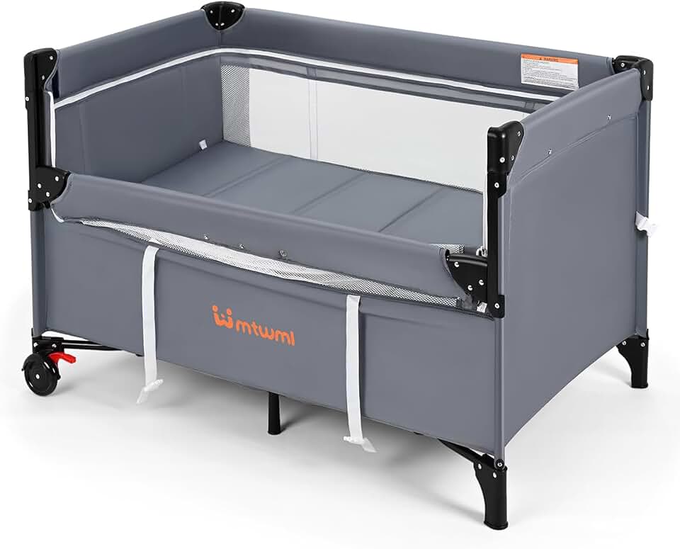 MTWML Pack &amp; Play with Bassinet, 3-in-1 Portable Baby Crib Playard | Quick-Set Foldable Bedside Sleeper with Mattress &amp; Wheels, Lightweight Travel Playpen Bassinet for Toddlers, Deep Grey