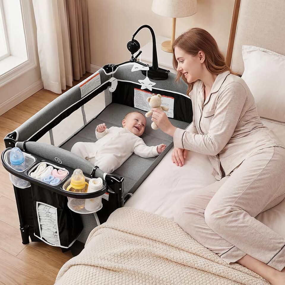 Kinder King 4 in 1 Portable Baby Playard, Baby Bedside Crib, Dark Grey | Foldable Pack and Play w/Bassinet, Newborn Changing Table, Toddler Large Playpen, Storage Basket, Travel Bag, 0-36 Months Global Recycled Standard